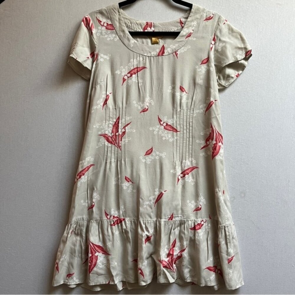 April Cornell Floral Short Sleeve Drop Waist Dress Women's Sz S Cream Pink